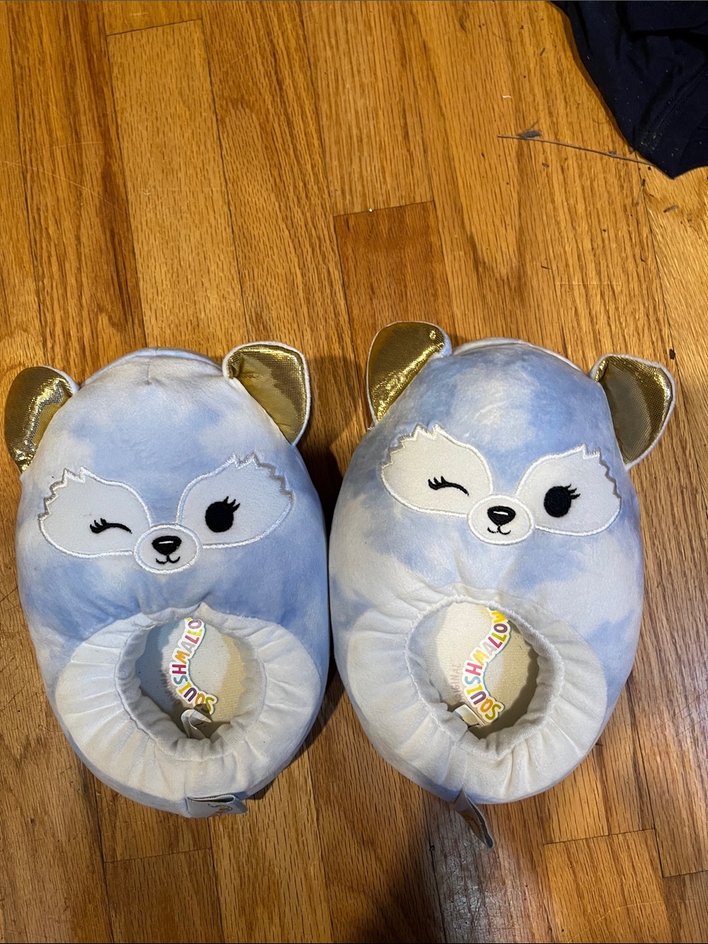 Winking Blue Plush Animal Slippers with Gold Ears